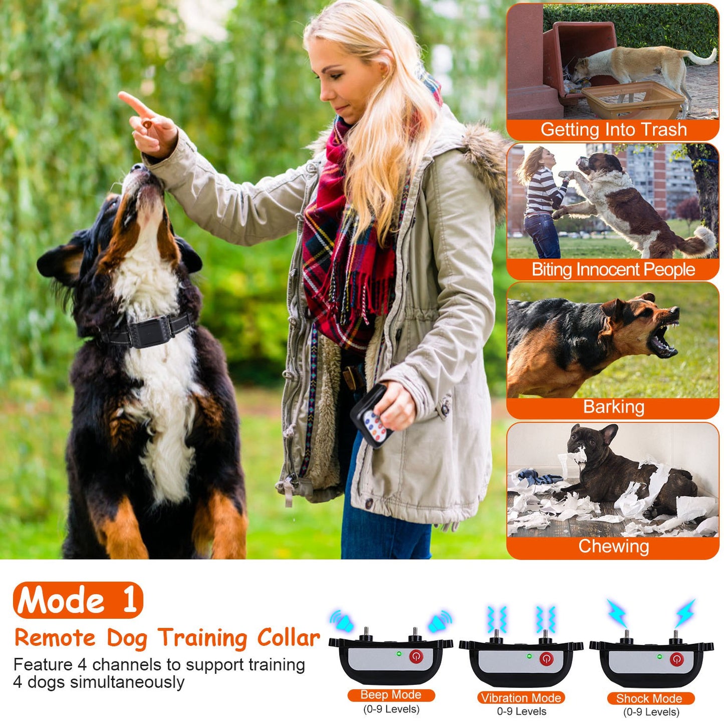 1Set 990FT Range Dog Wireless Fence Remote Training Collar IPX6 Waterproof Receiver With 0-9 Levels Beep Vibration Shock Mode 4 Channels Rechargeable Transmitter System
