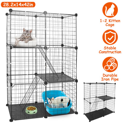 3 Tier Cat Playpen Cage Metal Indoor Cat House Detachable Kitten House With 3 Doors 2 Ladders Large Cat Exercise Place For 1-2 Cats Black