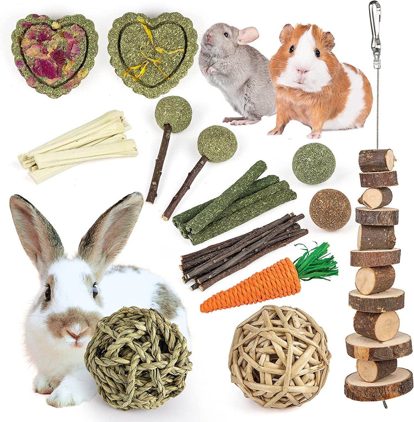 Rabbit Toys Bunny/Guinea Pig Toys Natural Timothy Hay Hamster for Teeth Handmade Chews and Treats Apple Wood Sticks Chinchilla Rat