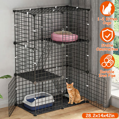 3 Tier Cat Playpen Cage Metal Indoor Cat House Detachable Kitten House With 3 Doors 2 Ladders Large Cat Exercise Place For 1-2 Cats Black