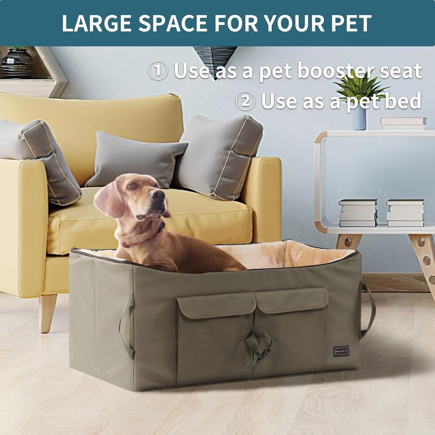 Dog Booster Seat for 2 Small Dogs or Medium Dog up to 45 Lb, Large Dog Car Seat with 2 Big Pockets for Cars, Trucks and Suvs (Large, Dark Brown)