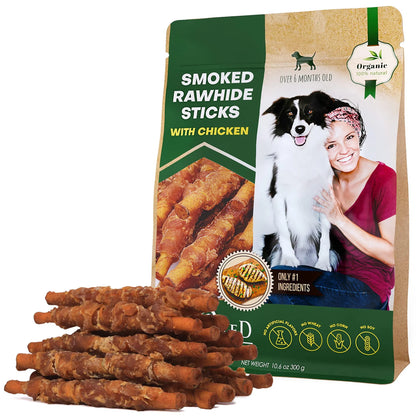Dog Smoked Rawhide Sticks Wrapped Chicken Pet Natural Chew Treats Grain Free Organic Meat Healthy Human Grade Dried Snacks In Bulk